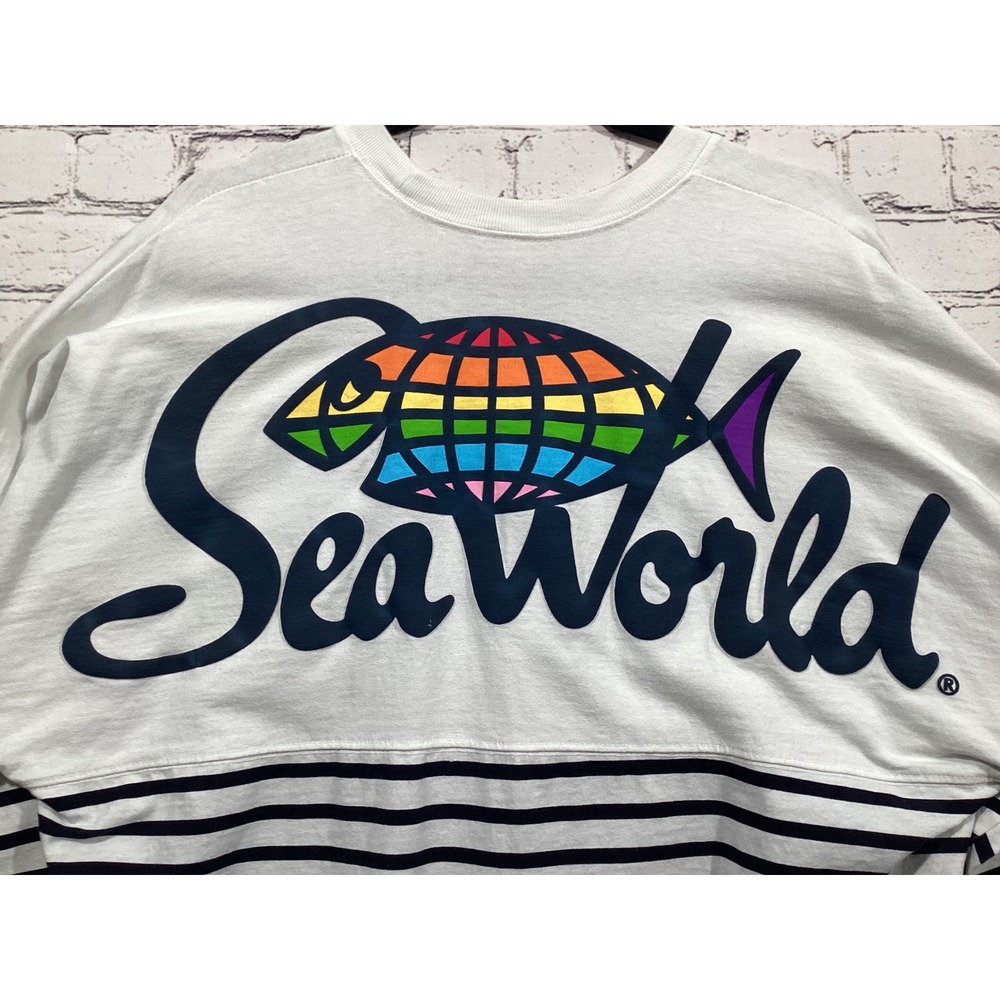 Spirit Jersey SeaWorld Striped Long Sleeve Shirt Rainbow Fish White Navy Medium
